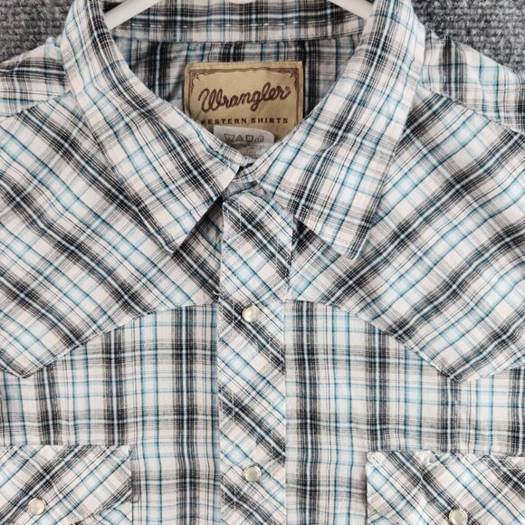Wrangler Western Pearl Snap Shirt Short Sleeve Shiny Blue Gray Plaid Large Woven - Picture 1 of 16